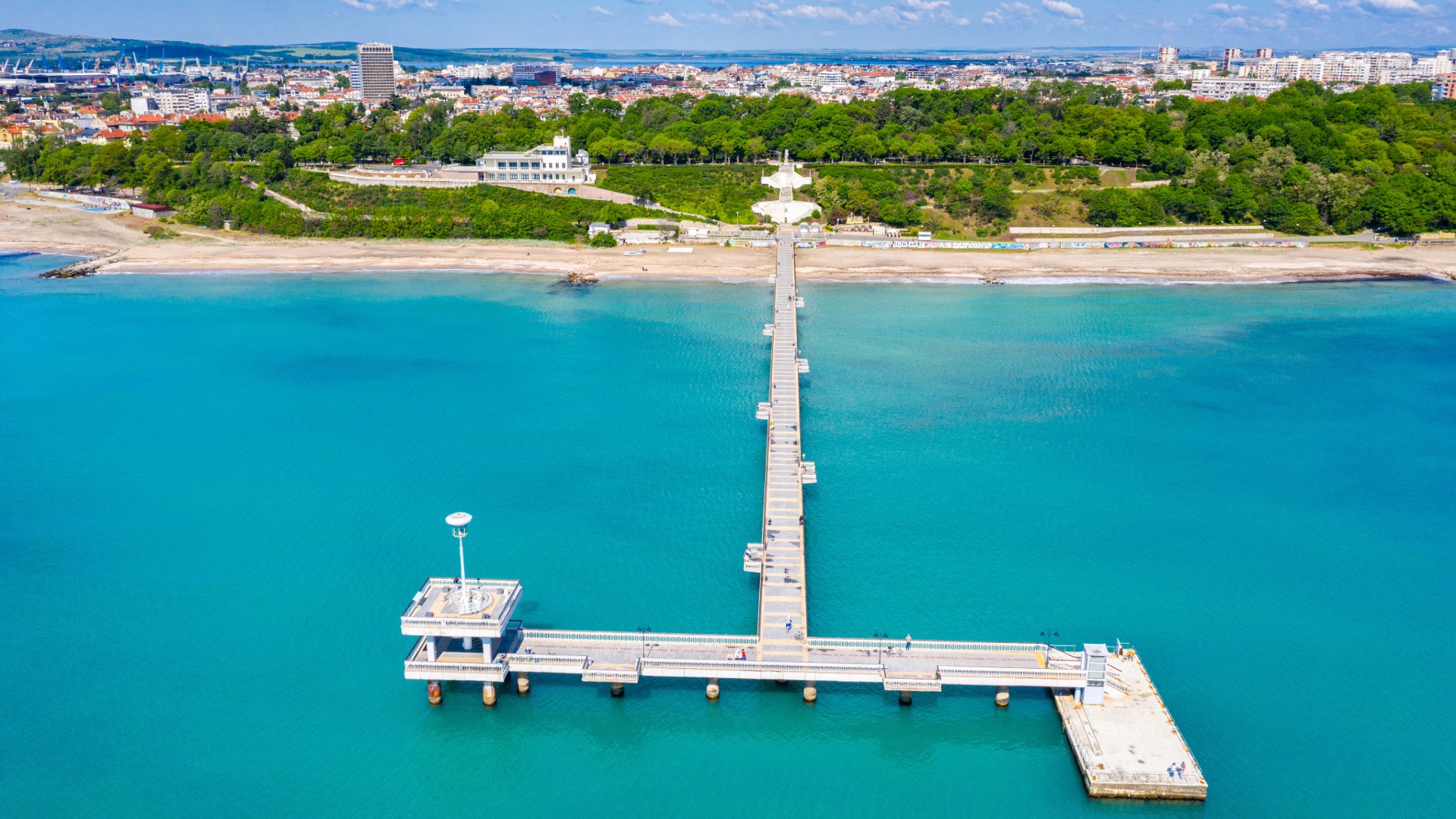 Aerial view of the Burgas Pier reaching into the Black Sea