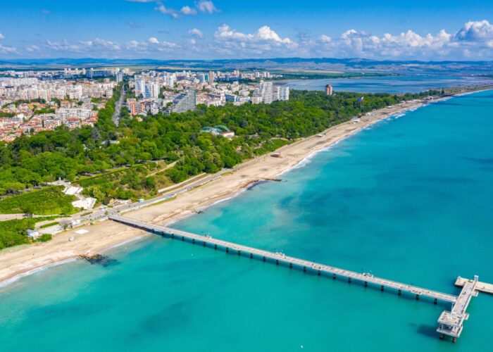 Aerial view of the Burgas coastline, Sea Garden and Pier